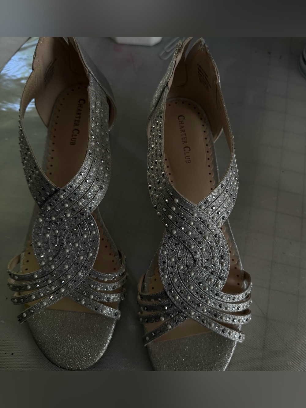Charter Club Silver Crystal Crossover Dress Heels